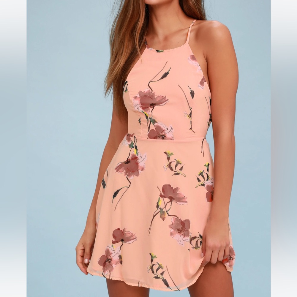 Lulus - Cherished Moment Blush Pink Floral Print Lace-Up Skater Dress - XS